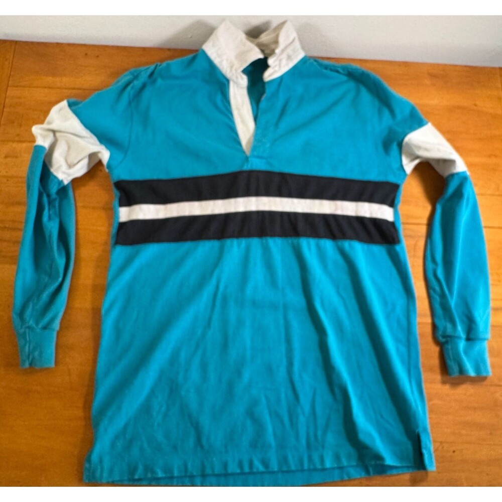 Vtg 90’s Blokecore Preppy Cotton Rugby Shirt Blue/White Colorblock Men L - Picture 10 of 16